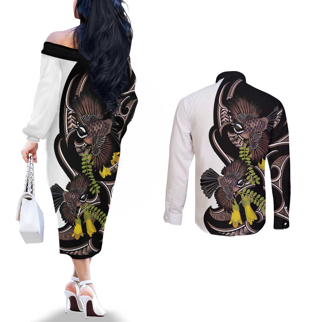 New Zealand Valentines Day Couples Matching Off The Shoulder Long Sleeve Dress and Long Sleeve Button Shirt Piwakawaka Lovers Maori Koru Tattoo LT14 - Polynesian Pride