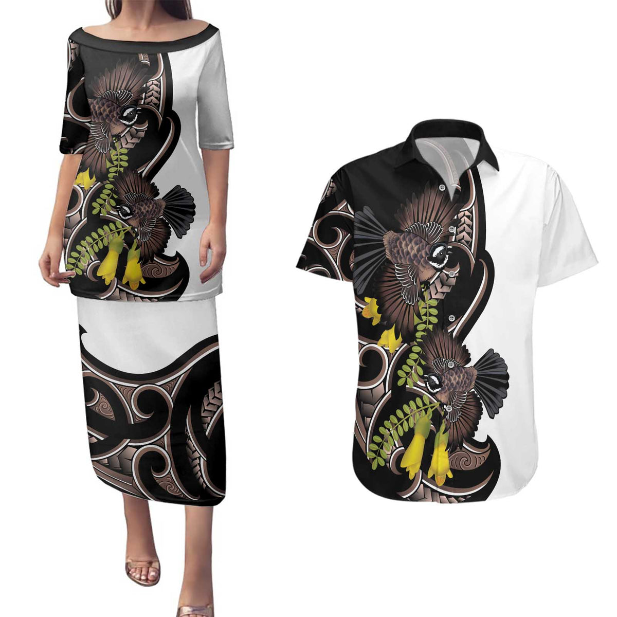 New Zealand Valentines Day Couples Matching Puletasi and Hawaiian Shirt Piwakawaka Lovers Maori Koru Tattoo LT14 Black - Polynesian Pride