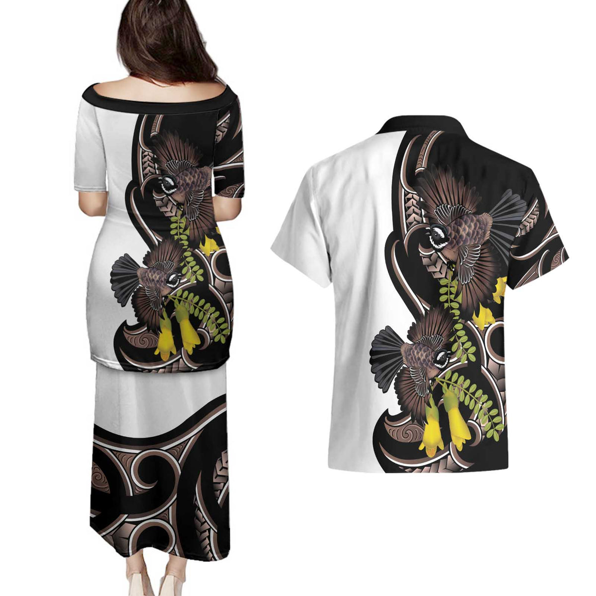 New Zealand Valentines Day Couples Matching Puletasi and Hawaiian Shirt Piwakawaka Lovers Maori Koru Tattoo LT14 - Polynesian Pride