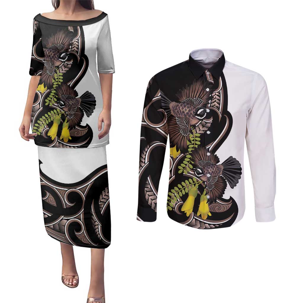 New Zealand Valentines Day Couples Matching Puletasi and Long Sleeve Button Shirt Piwakawaka Lovers Maori Koru Tattoo LT14 Black - Polynesian Pride