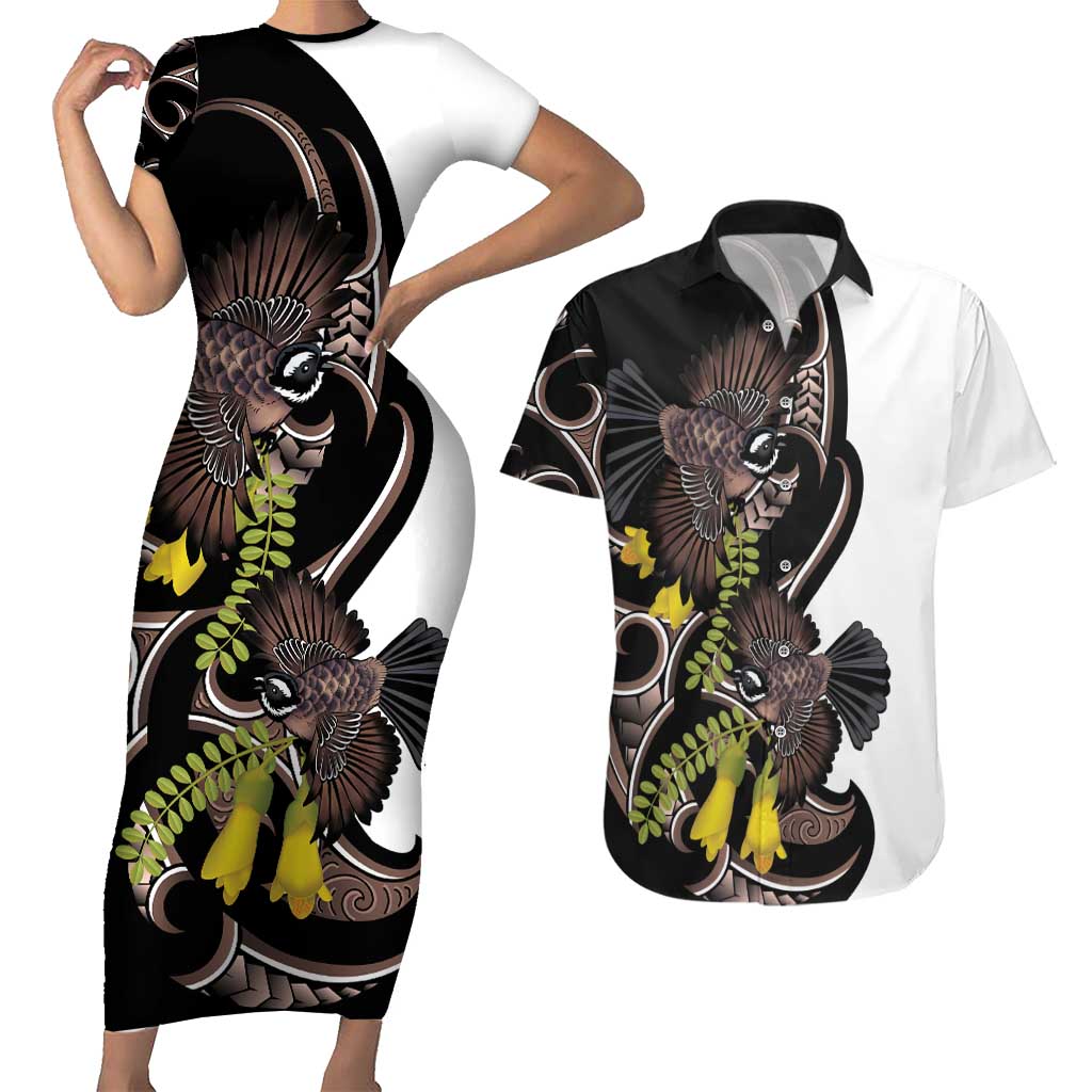 New Zealand Valentines Day Couples Matching Short Sleeve Bodycon Dress and Hawaiian Shirt Piwakawaka Lovers Maori Koru Tattoo LT14 Black - Polynesian Pride