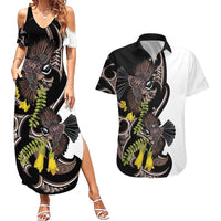 New Zealand Valentines Day Couples Matching Summer Maxi Dress and Hawaiian Shirt Piwakawaka Lovers Maori Koru Tattoo LT14 Black - Polynesian Pride