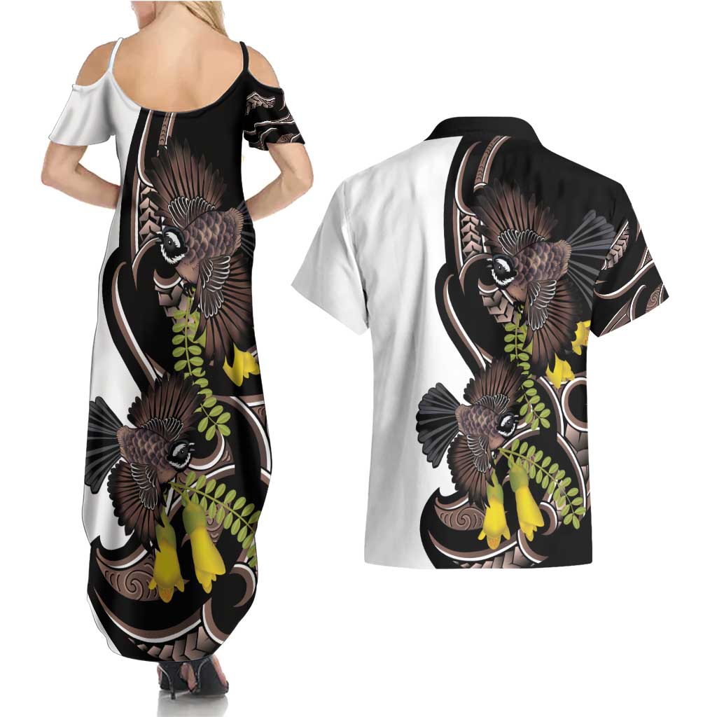 New Zealand Valentines Day Couples Matching Summer Maxi Dress and Hawaiian Shirt Piwakawaka Lovers Maori Koru Tattoo LT14 - Polynesian Pride