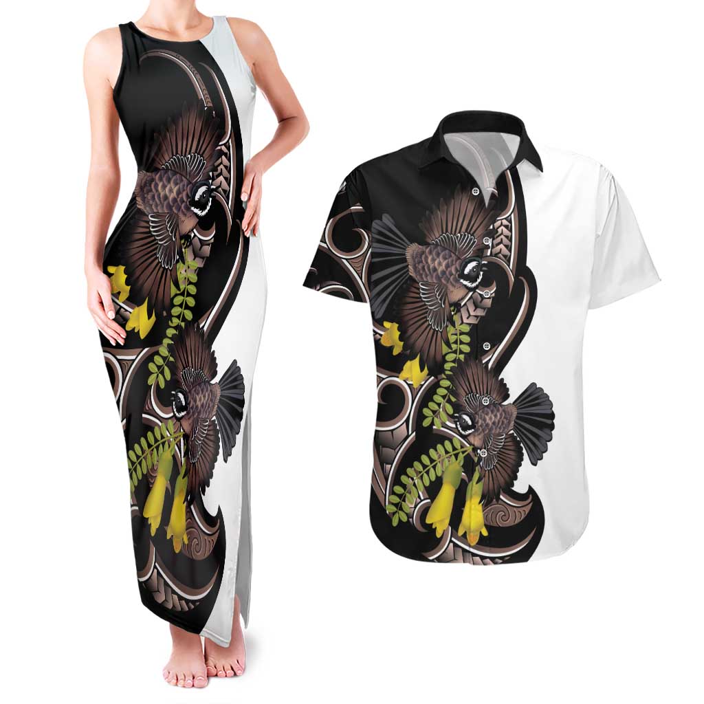New Zealand Valentines Day Couples Matching Tank Maxi Dress and Hawaiian Shirt Piwakawaka Lovers Maori Koru Tattoo LT14 Black - Polynesian Pride
