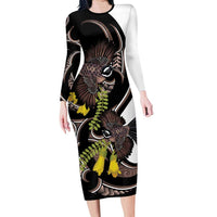 New Zealand Valentines Day Family Matching Long Sleeve Bodycon Dress and Hawaiian Shirt Piwakawaka Lovers Maori Koru Tattoo LT14 Mom's Dress Black - Polynesian Pride