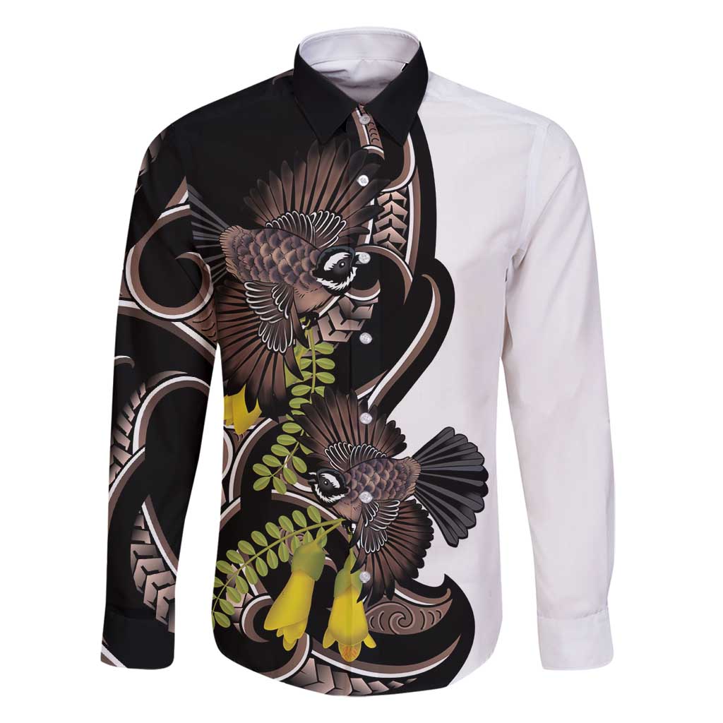 New Zealand Valentines Day Family Matching Off Shoulder Short Dress and Hawaiian Shirt Piwakawaka Lovers Maori Koru Tattoo LT14 Dad's Shirt - Long Sleeve Black - Polynesian Pride