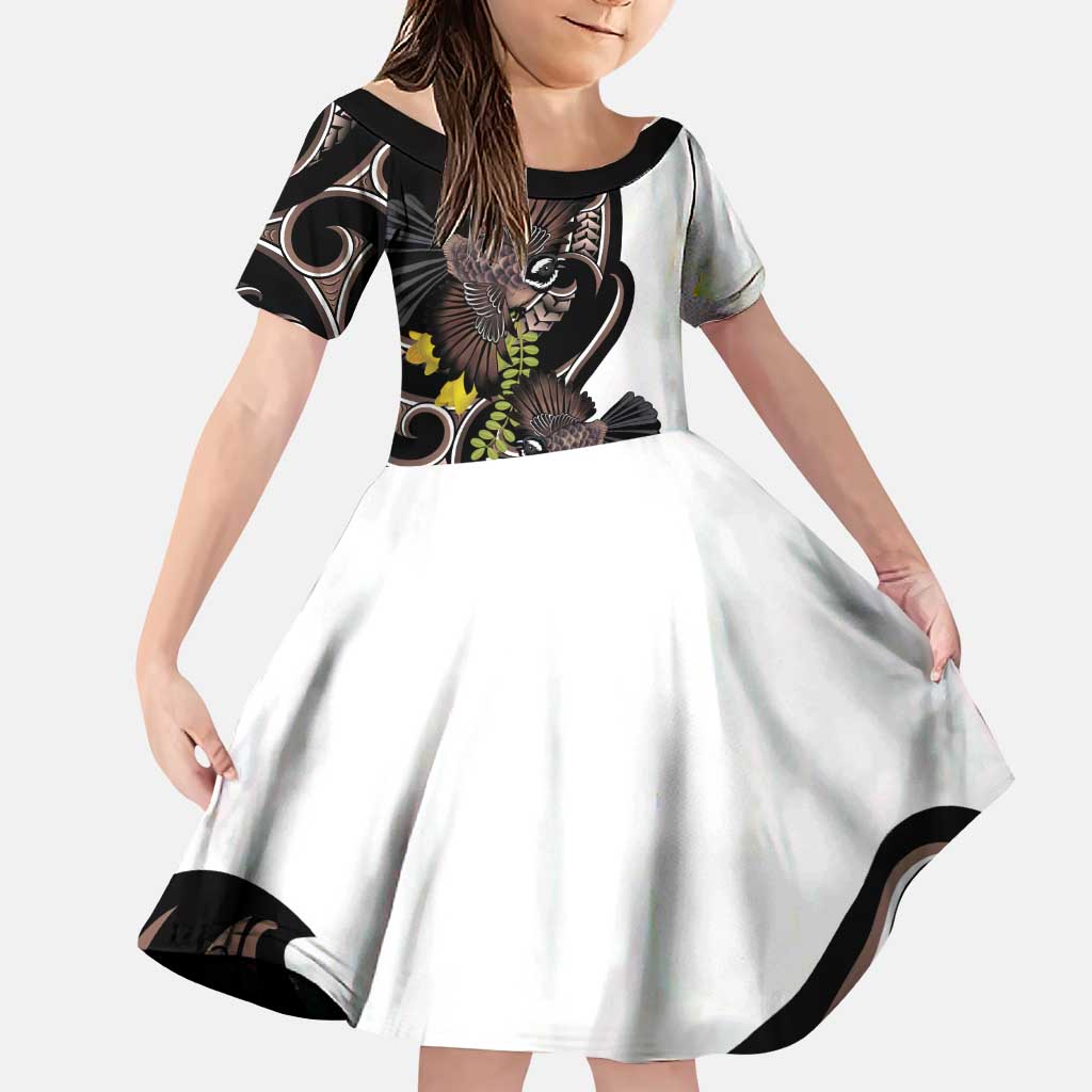 New Zealand Valentines Day Family Matching Puletasi and Hawaiian Shirt Piwakawaka Lovers Maori Koru Tattoo LT14 Daughter's Dress Black - Polynesian Pride