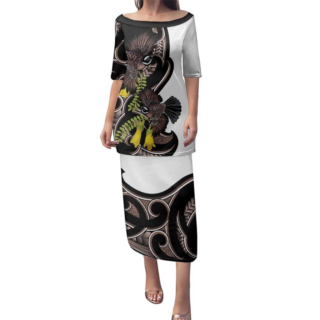 New Zealand Valentines Day Family Matching Puletasi and Hawaiian Shirt Piwakawaka Lovers Maori Koru Tattoo LT14 Mom's Dress Black - Polynesian Pride