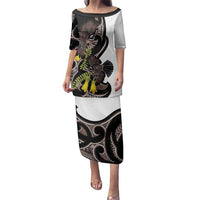 New Zealand Valentines Day Family Matching Puletasi and Hawaiian Shirt Piwakawaka Lovers Maori Koru Tattoo LT14 Mom's Dress Black - Polynesian Pride