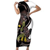 New Zealand Valentines Day Family Matching Short Sleeve Bodycon Dress and Hawaiian Shirt Piwakawaka Lovers Maori Koru Tattoo LT14 Mom's Dress Black - Polynesian Pride