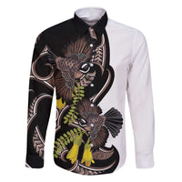 New Zealand Valentines Day Family Matching Tank Maxi Dress and Hawaiian Shirt Piwakawaka Lovers Maori Koru Tattoo LT14 Dad's Shirt - Long Sleeve Black - Polynesian Pride