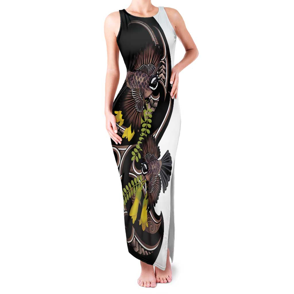 New Zealand Valentines Day Family Matching Tank Maxi Dress and Hawaiian Shirt Piwakawaka Lovers Maori Koru Tattoo LT14 Mom's Dress Black - Polynesian Pride