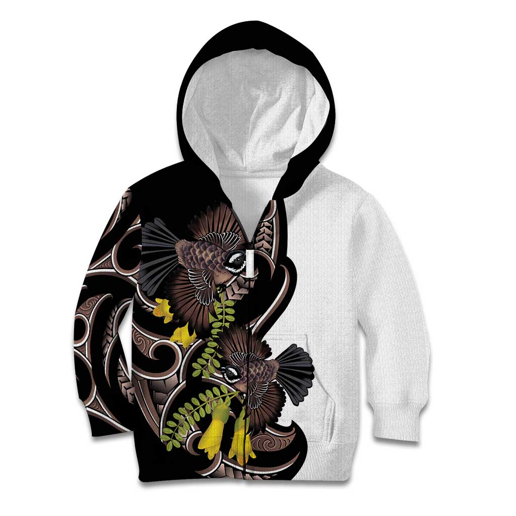 New Zealand Valentines Day Kid Hoodie Piwakawaka Lovers Maori Koru Tattoo LT14 Zip Hoodie Black - Polynesian Pride