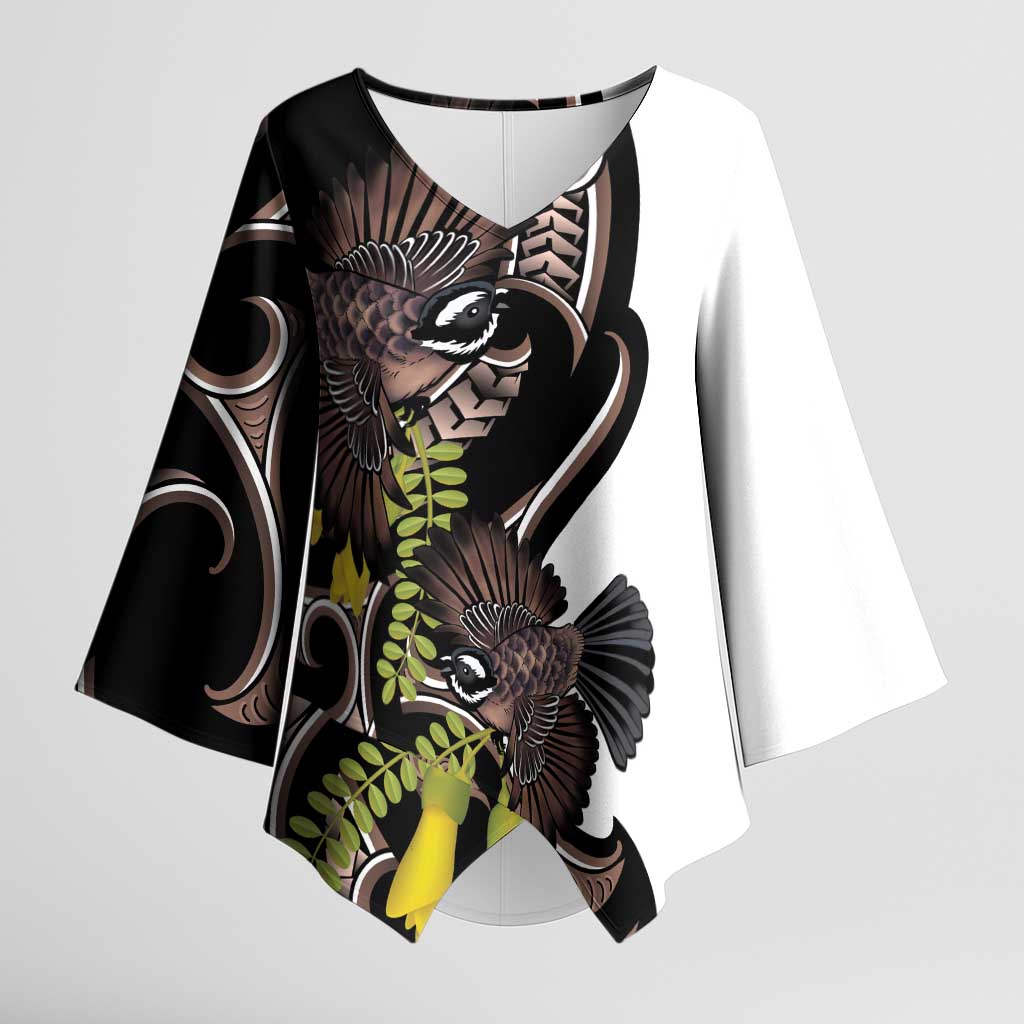 New Zealand Valentines Day Kimono Sleeve Blouse Piwakawaka Lovers Maori Koru Tattoo LT14 Female Black - Polynesian Pride