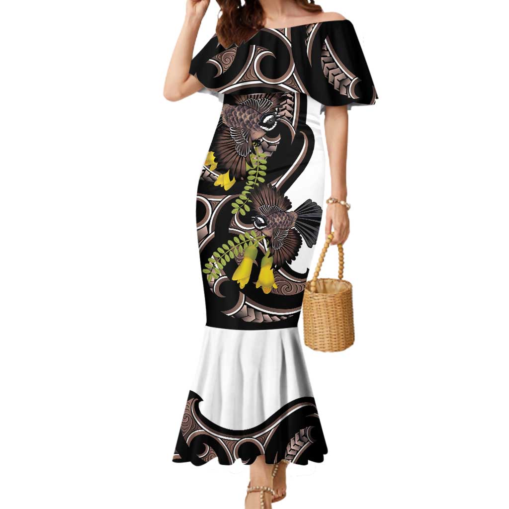 New Zealand Valentines Day Mermaid Dress Piwakawaka Lovers Maori Koru Tattoo LT14 Women Black - Polynesian Pride