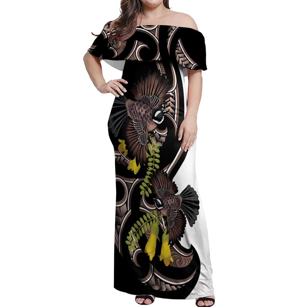 New Zealand Valentines Day Off Shoulder Maxi Dress Piwakawaka Lovers Maori Koru Tattoo LT14 Women Black - Polynesian Pride