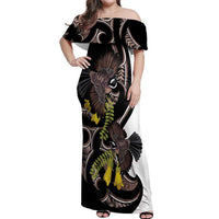 New Zealand Valentines Day Off Shoulder Maxi Dress Piwakawaka Lovers Maori Koru Tattoo LT14 Women Black - Polynesian Pride