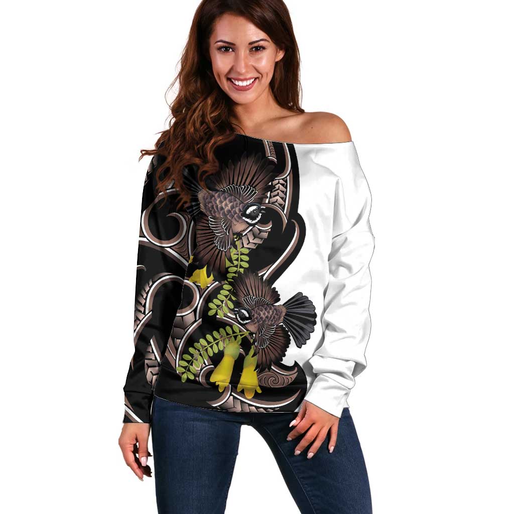 New Zealand Valentines Day Off Shoulder Sweater Piwakawaka Lovers Maori Koru Tattoo LT14 Women Black - Polynesian Pride