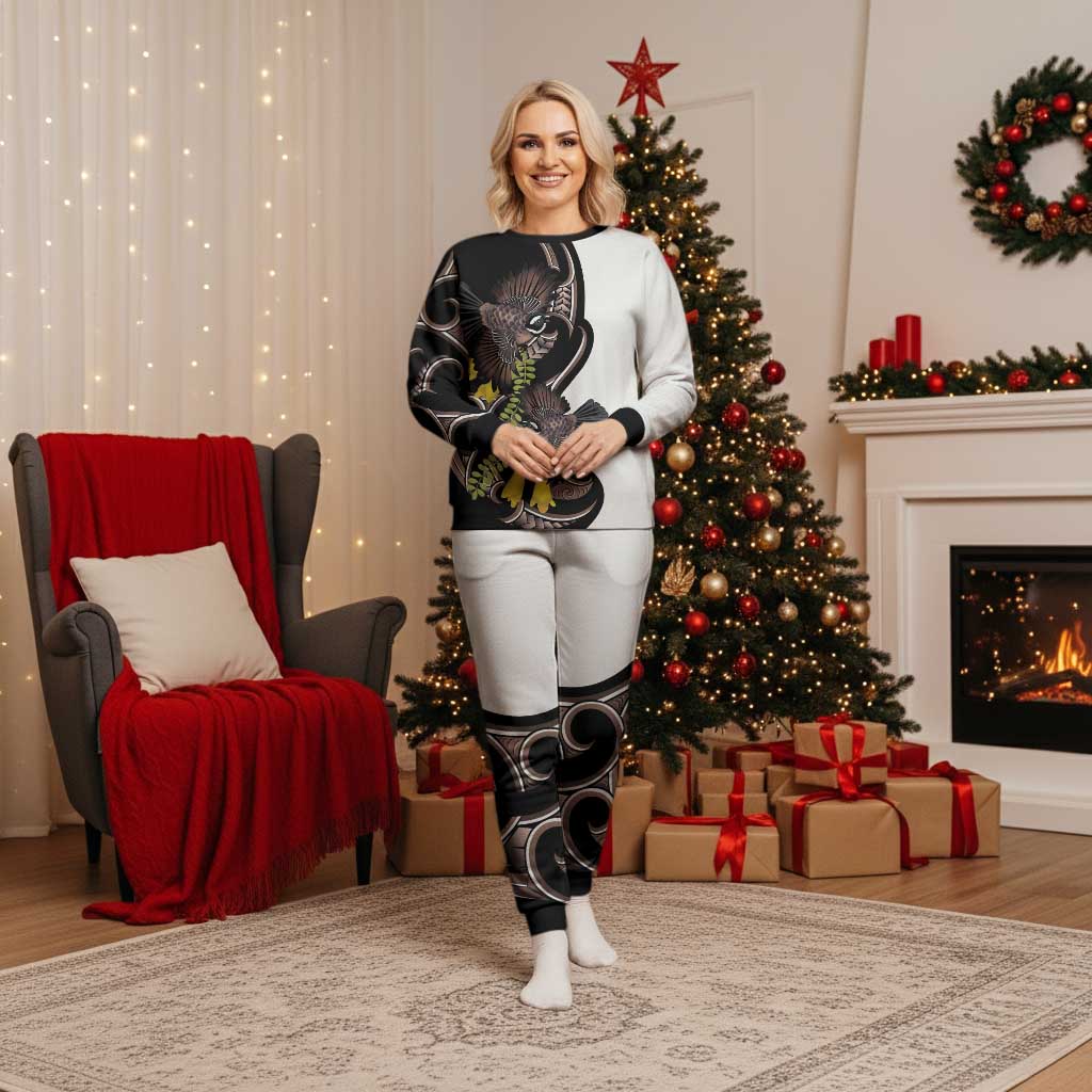 New Zealand Valentines Day Christmas Pajama Set Piwakawaka Lovers Maori Koru Tattoo LT14 Women Black - Polynesian Pride