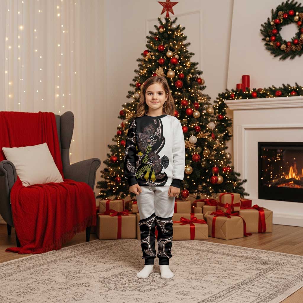 New Zealand Valentines Day Christmas Pajama Set Piwakawaka Lovers Maori Koru Tattoo LT14 Kid Black - Polynesian Pride