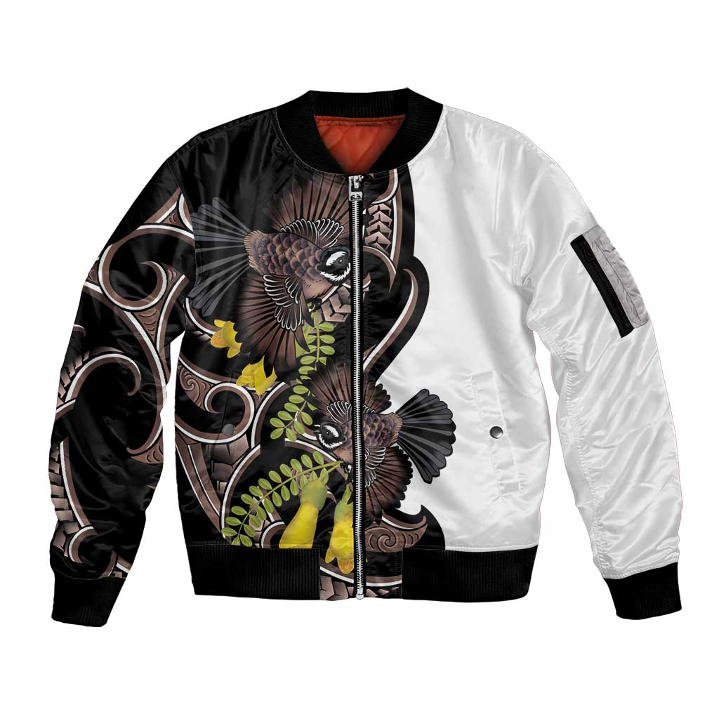 New Zealand Valentines Day Sleeve Zip Bomber Jacket Piwakawaka Lovers Maori Koru Tattoo LT14 Unisex Black - Polynesian Pride