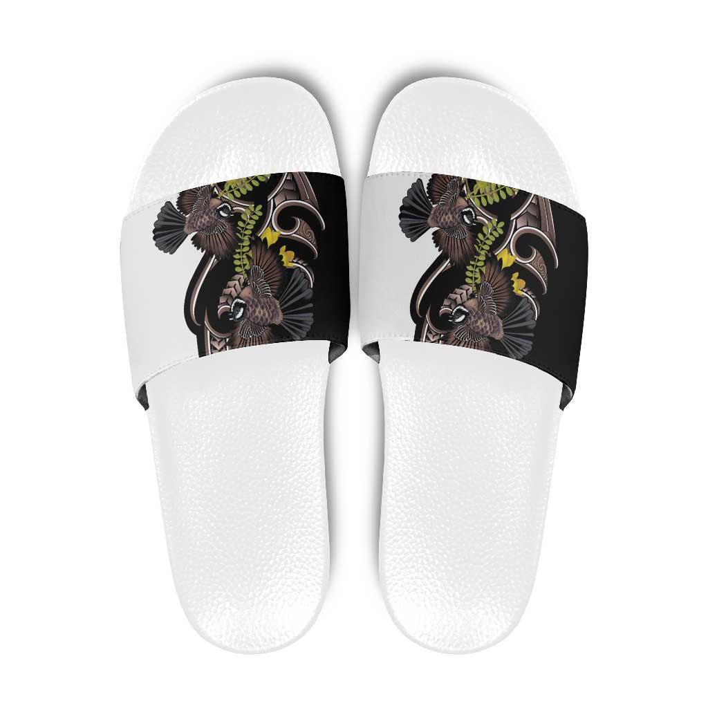 New Zealand Valentines Day Slide Sandals Piwakawaka Lovers Maori Koru Tattoo LT14 Black - Polynesian Pride