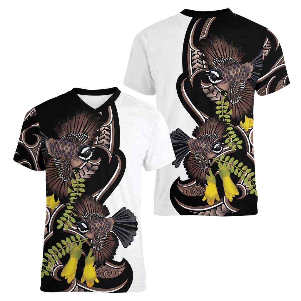 New Zealand Valentines Day Women V-Neck T-Shirt Piwakawaka Lovers Maori Koru Tattoo LT14 - Polynesian Pride