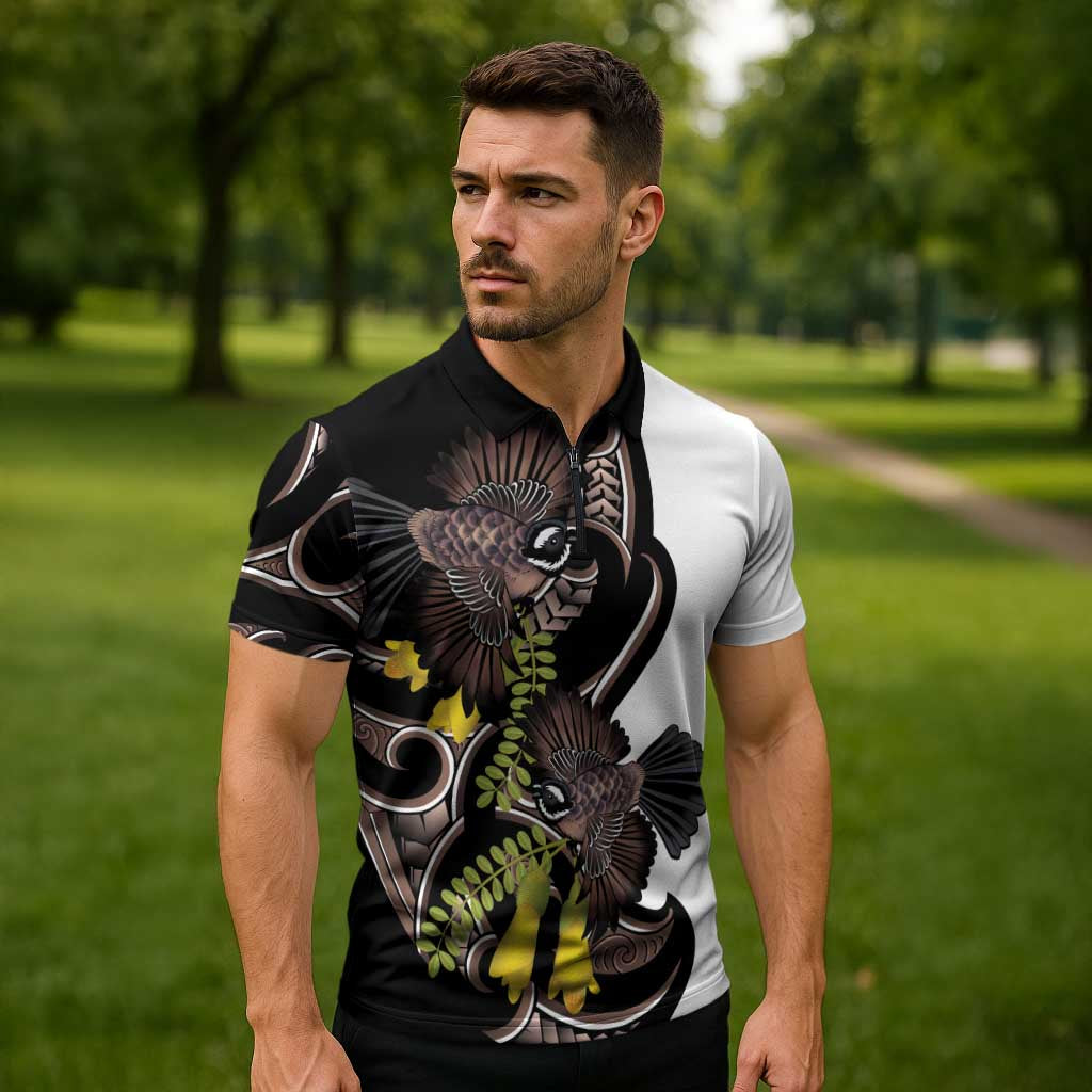 New Zealand Valentines Day Zipper Polo Shirt Piwakawaka Lovers Maori Koru Tattoo LT14 - Polynesian Pride