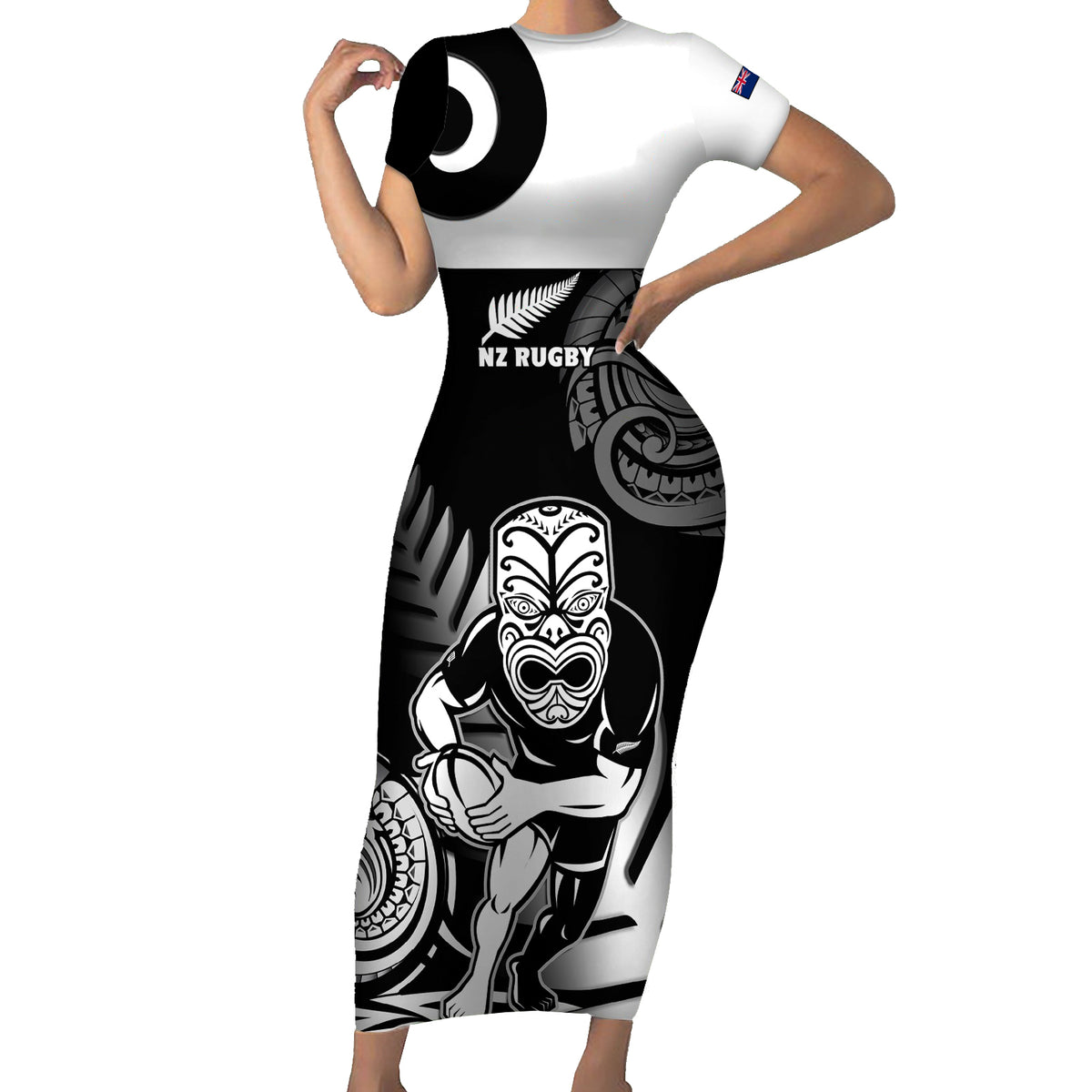 New Zealand Silver Fern Rugby Family Matching Short Sleeve Bodycon Dress and Hawaiian Shirt Go Champions NZ All Black Maori Koru LT14 Mom's Dress Black - Polynesian Pride
