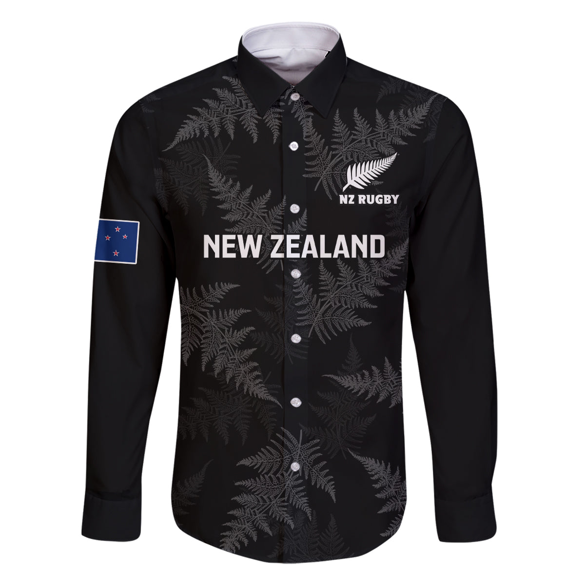 New Zealand Silver Fern Rugby Family Matching Off Shoulder Long Sleeve Dress and Hawaiian Shirt 2023 Go Aotearoa Champions World Cup LT14 Dad's Shirt - Long Sleeve Black - Polynesian Pride