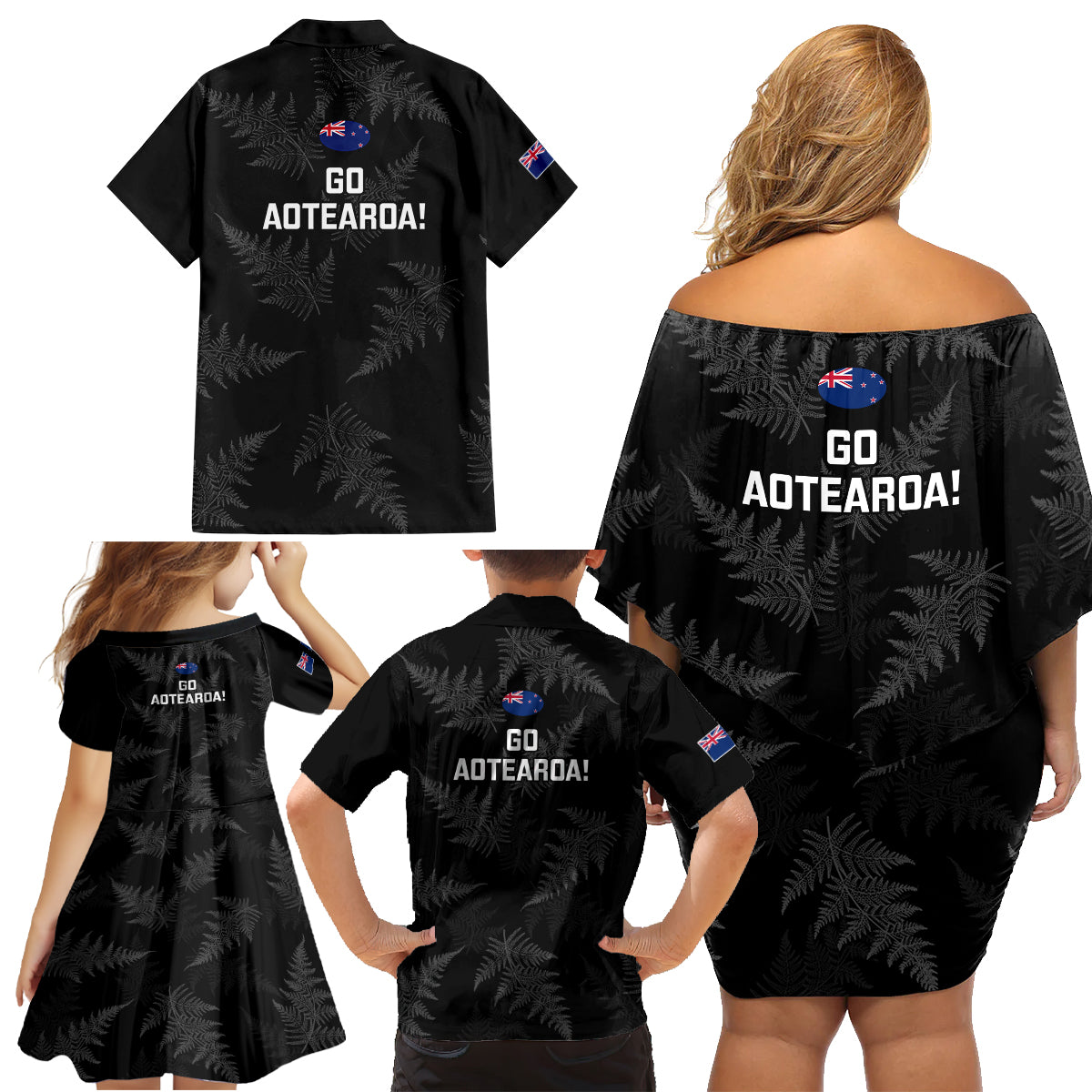 New Zealand Silver Fern Rugby Family Matching Off Shoulder Short Dress and Hawaiian Shirt 2023 Go Aotearoa Champions World Cup LT14 - Polynesian Pride