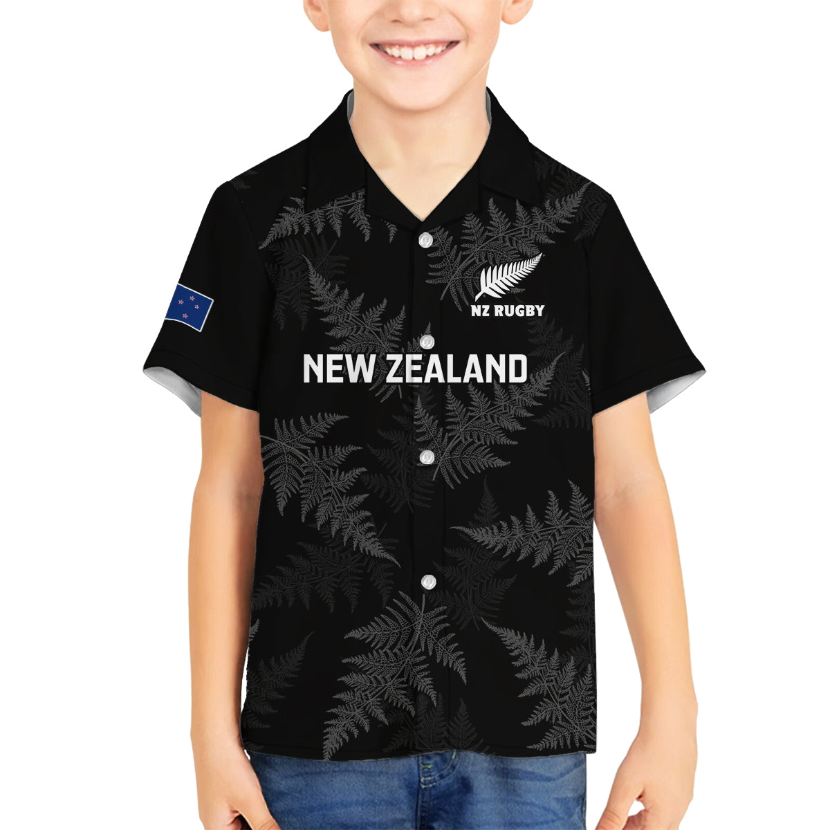 Custom New Zealand Silver Fern Rugby Family Matching Off Shoulder Short Dress and Hawaiian Shirt 2023 Go Aotearoa Champions World Cup LT14 Son's Shirt Black - Polynesian Pride