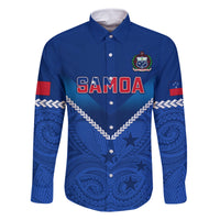 Samoa Rugby Family Matching Summer Maxi Dress and Hawaiian Shirt 2023 Go Manu Samoa LT14 Dad's Shirt - Long Sleeve Blue - Polynesian Pride