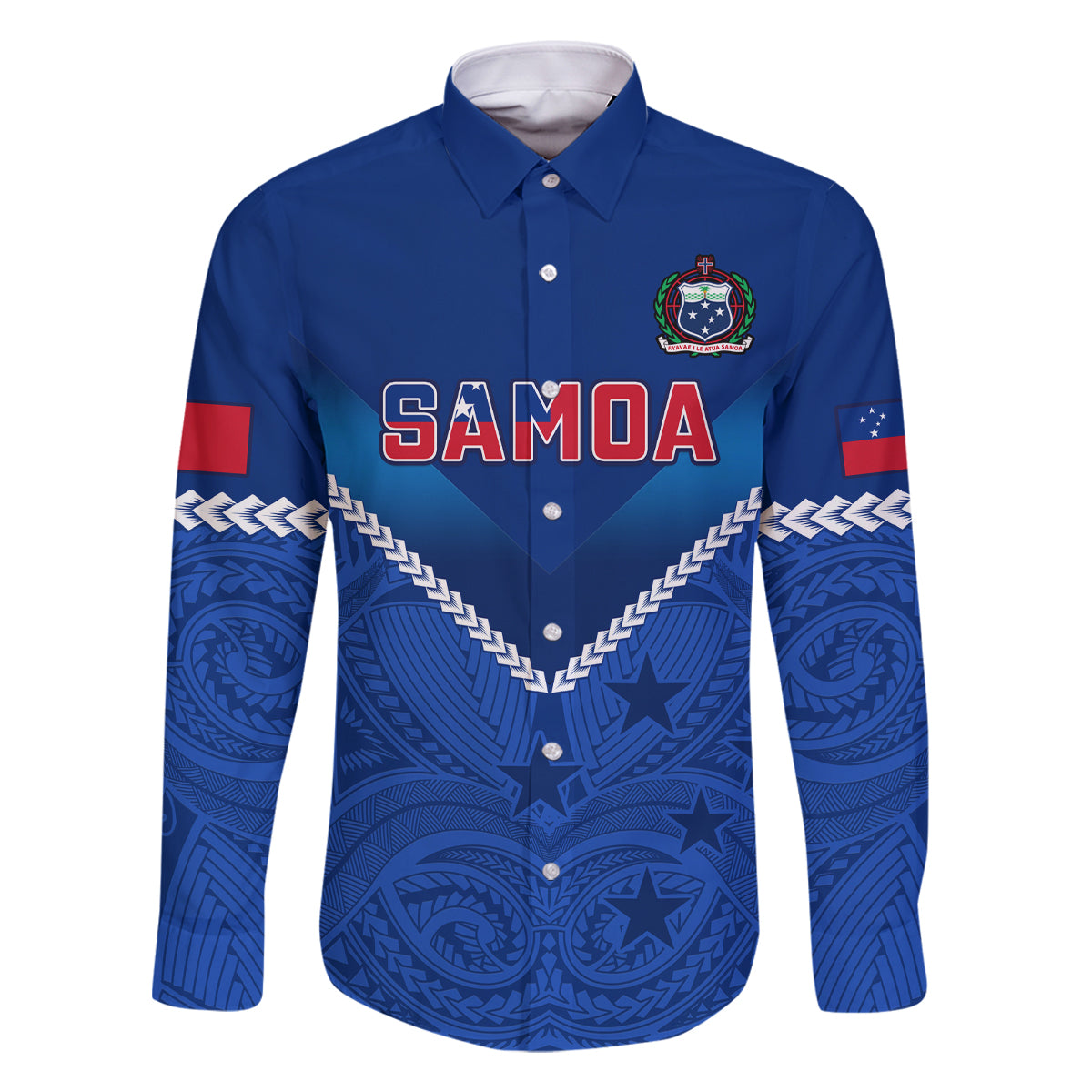 Samoa Rugby Family Matching Tank Maxi Dress and Hawaiian Shirt 2023 Go Manu Samoa LT14 Dad's Shirt - Long Sleeve Blue - Polynesian Pride