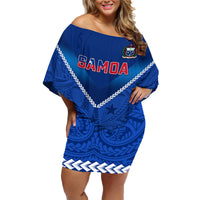 Custom Samoa Rugby Family Matching Off Shoulder Short Dress and Hawaiian Shirt 2023 Go Manu Samoa LT14 Mom's Dress Blue - Polynesian Pride