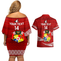 Custom Tonga Rugby Couples Matching Off Shoulder Short Dress and Hawaiian Shirt 2023 Ikale Tahi Tongan Ngatu Pattern LT14 - Polynesian Pride