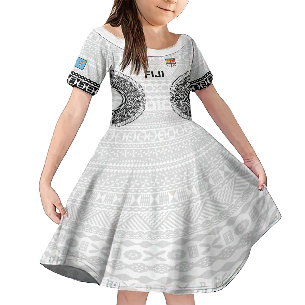 Fiji Rugby Family Matching Tank Maxi Dress and Hawaiian Shirt 2023 Go Champions World Cup Fijian Tapa Pattern LT14 Daughter's Dress White - Polynesian Pride