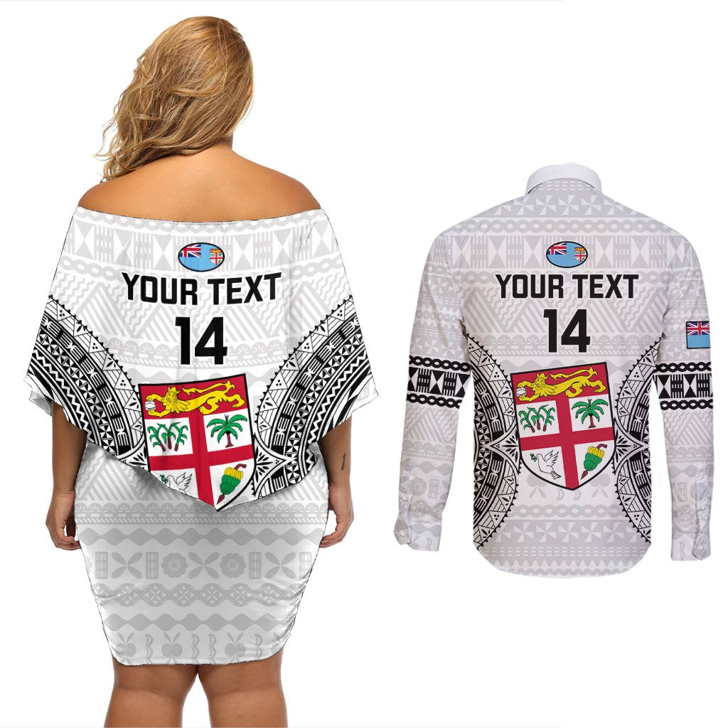 Custom Fiji Rugby Couples Matching Off Shoulder Short Dress and Long Sleeve Button Shirts 2023 Go Champions World Cup Fijian Tapa Pattern LT14 - Polynesian Pride