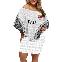 Custom Fiji Rugby Family Matching Off Shoulder Short Dress and Hawaiian Shirt 2023 Go Champions World Cup Fijian Tapa Pattern LT14 Mom's Dress White - Polynesian Pride