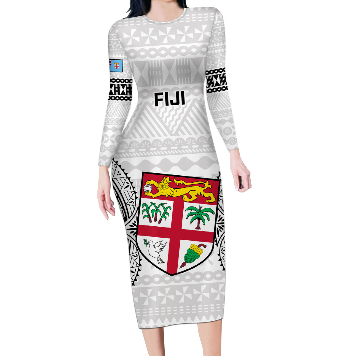 Custom Fiji Rugby Long Sleeve Bodycon Dress 2023 Go Champions World Cup Fijian Tapa Pattern LT14 Long Dress White - Polynesian Pride