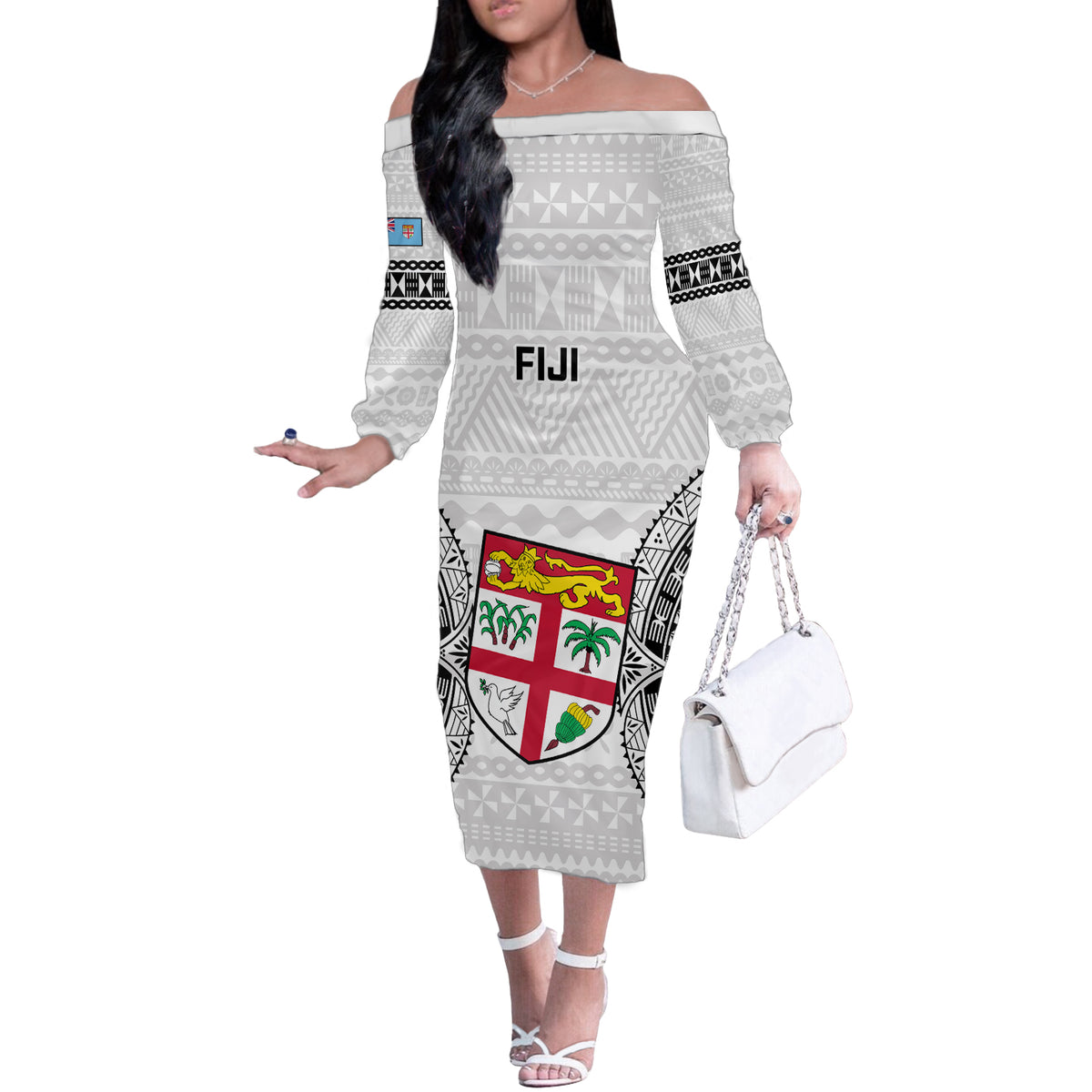 Custom Fiji Rugby Off The Shoulder Long Sleeve Dress 2023 Go Champions World Cup Fijian Tapa Pattern LT14 Women White - Polynesian Pride
