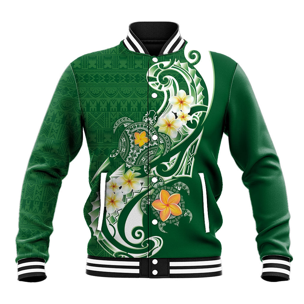 Bula Fiji Tapa Turtle Baseball Jacket Plumeria Fijian Masi Vonu Green LT14 Unisex Green - Polynesian Pride