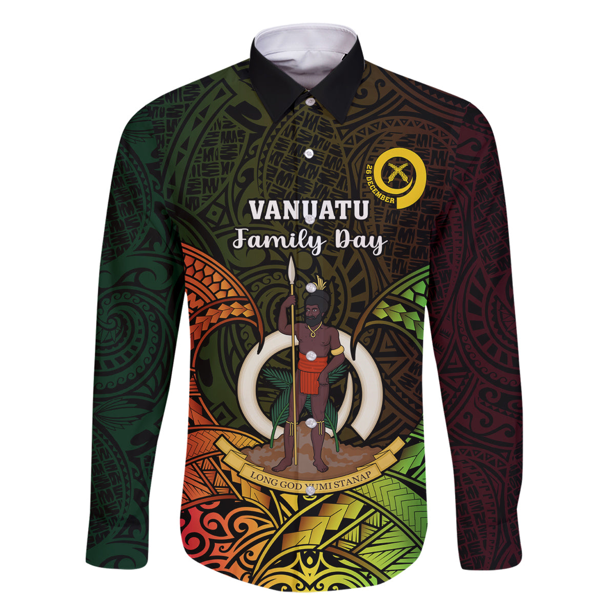 Personalised Vanuatu Family Day Family Matching Long Sleeve Bodycon Dress and Hawaiian Shirt Happy 26 December Vanuatuan Pig Tusk LT14 Dad's Shirt - Long Sleeve Black - Polynesian Pride