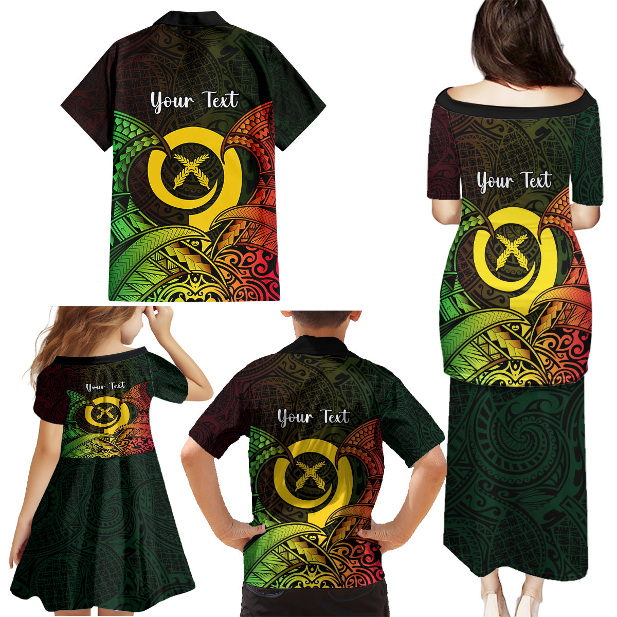 Personalised Vanuatu Family Day Family Matching Puletasi Dress and Hawaiian Shirt Happy 26 December Vanuatuan Pig Tusk LT14 - Polynesian Pride