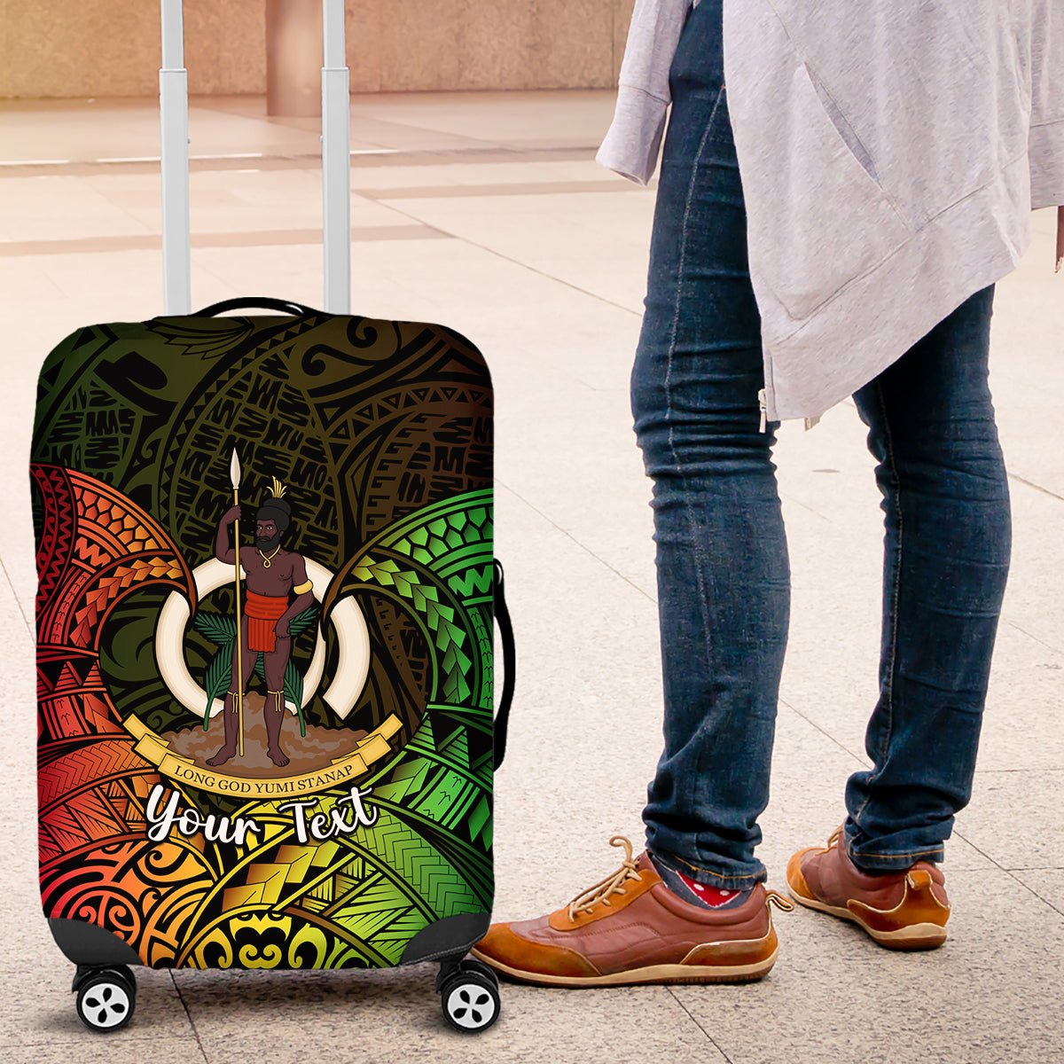 Personalised Vanuatu Family Day Luggage Cover Happy 26 December Vanuatuan Pig Tusk LT14 Black - Polynesian Pride