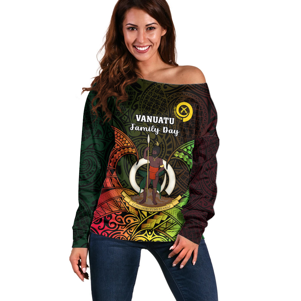 Personalised Vanuatu Family Day Off Shoulder Sweater Happy 26 December Vanuatuan Pig Tusk LT14 Women Black - Polynesian Pride