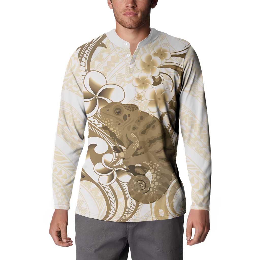 Brown And White Hawaii Chameleon Button Sweatshirt Plumeria Polynesian Tribal Art