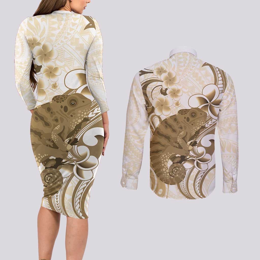 Brown And White Hawaii Chameleon Couples Matching Long Sleeve Bodycon Dress and Long Sleeve Button Shirt Plumeria Polynesian Tribal Art LT14 - Polynesian Pride