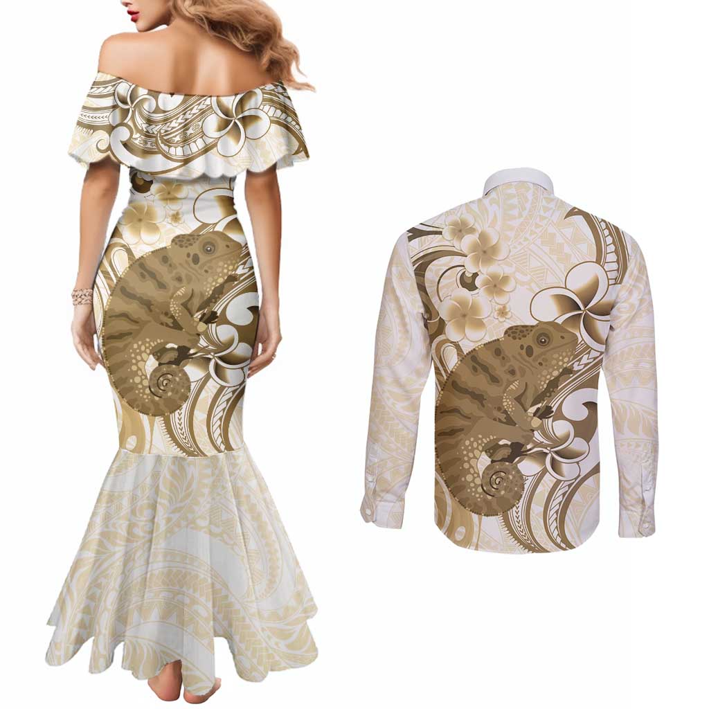 Brown And White Hawaii Chameleon Couples Matching Mermaid Dress and Long Sleeve Button Shirt Plumeria Polynesian Tribal Art LT14 - Polynesian Pride