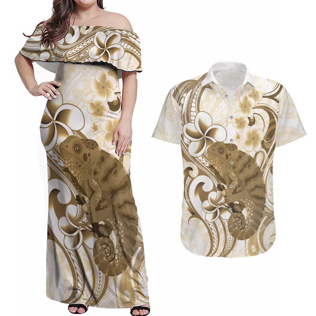Brown And White Hawaii Chameleon Couples Matching Off Shoulder Maxi Dress and Hawaiian Shirt Plumeria Polynesian Tribal Art LT14 Brown - Polynesian Pride